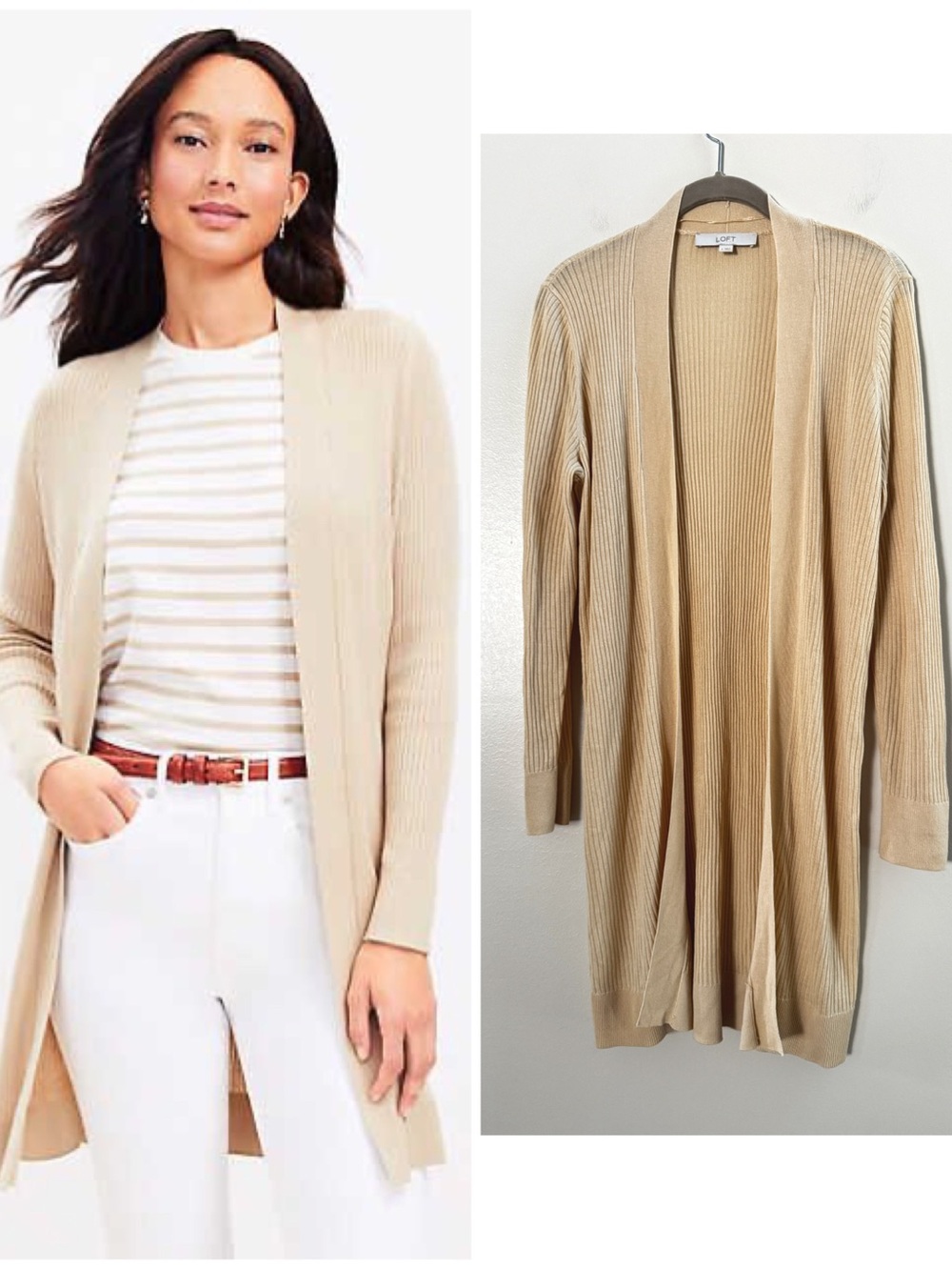 Loft Ribbed Knit Long Open Front Cardigan Sweater Khaki Tan Small